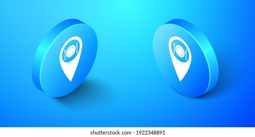 Isometric Map pointer with restaurant and cutlery, dish, fork, knife icon isolated on blue background. Blue circle button. Vector.
