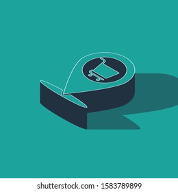 Isometric Map pointer with shopping cart icon isolated on green background. Pin point shop and shopping. Supermarket basket symbol.  Vector Illustration