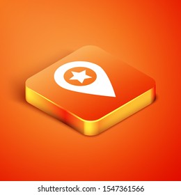 Isometric Map pointer with star icon isolated on orange background. Star favorite pin map icon. Map markers.  Vector Illustration