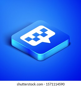 Isometric Map pointer with taxi icon isolated on blue background. Location symbol. Blue square button. Vector Illustration