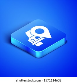 Isometric Map pointer with taxi icon isolated on blue background. Location symbol. Blue square button. Vector Illustration