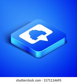 Isometric Map pointer with taxi icon isolated on blue background. Location symbol. Blue square button. Vector Illustration