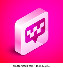 Isometric Map pointer with taxi icon isolated on pink background. Location symbol. Silver square button. Vector Illustration
