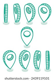 Isometric map pointers. Vector illustration. Set in various angles. Map pointer 3d pin. Location symbols. Outline objects.