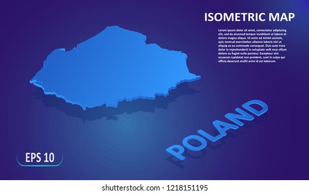 Isometric map of Poland. Modern flat map of the European country on blue background. Isolated 3D isometric concept for infographic. Vector illustration. EPS 10.