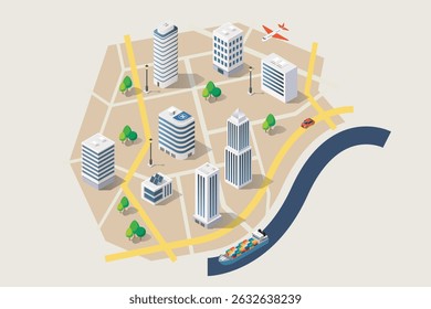 Isometric Map with Road and Street Infographic Design Template. Vector illustration