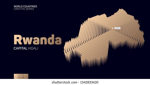 Isometric map of Rwanda with golden hexagon lines