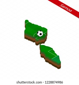 Isometric map of Samoa with soccer field. Football ball in center of football pitch. Vector soccer illustration.