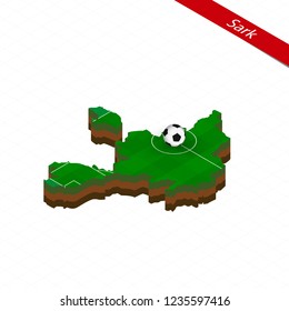 Isometric map of Sark with soccer field. Football ball in center of football pitch. Vector soccer illustration.