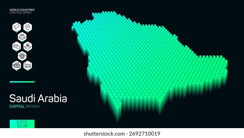 Mapa isométrico de Arabia Saudita con hexágonos verdes