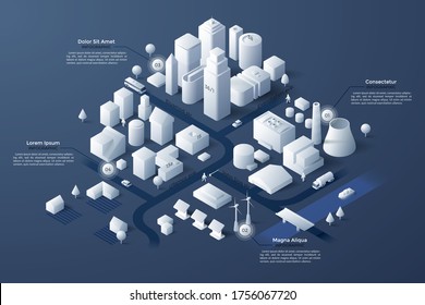 Isometric map or scheme of city with downtown, industrial district, suburban area, paper white buildings, houses and river. Infographic design template. Modern vector illustration for navigation.