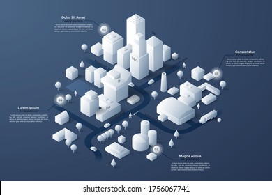 Isometric map or scheme of city with downtown, industrial district, suburban area, paper white buildings, houses and river. Infographic design template. Modern vector illustration for navigation.