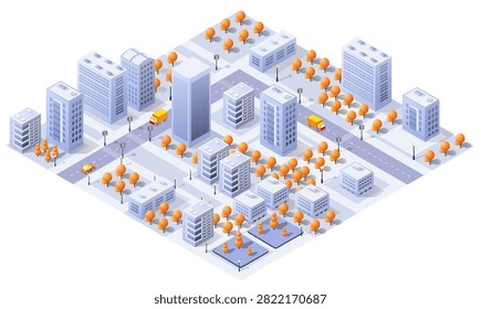 Isometric map showing a modern city with urban architecture, residential buildings, autumn trees, and moving vehicles
