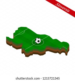 Isometric map of Slovenia with soccer field. Football ball in center of football pitch. Vector soccer illustration.