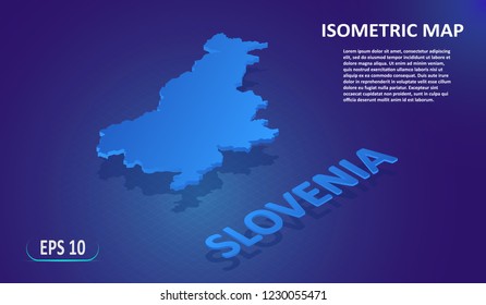 Isometric map of  SLOVENIA. Stylized flat map of the European country on blue background. Modern isometric or 3d location map with place for text or description. Isolated 3D concept for infographic.