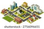 Isometric map of small town. Top view of city landscape with hospital, school, church, business center, shops and residential buildings. Cartoon 3D vector illustration isolated on background
