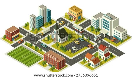 Isometric map of small town. Top view of city landscape with hospital, school, church, business center, shops and residential buildings. Cartoon 3D vector illustration isolated on background
