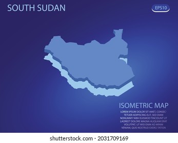 Isometric map of South Sudan. Vector modern on blue background. Isolated 3D isometric concept for infographic. Vector illustration. EPS 10.
