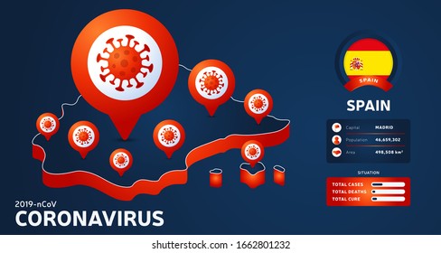 Isometric map of Spain with highlighted country vector illustration on dark background. coronavirus statistics. 2019-nCoV Dangerous chinese ncov corona virus. infographic and country info.