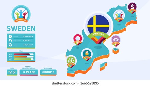 Isometric map of Sweden country vector illustration. Football euro 2020 tournament final stage infographic and country info. Official championship colors and style