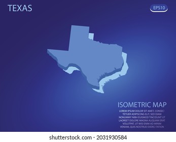 Mapa isométrico de Texas. Vector moderno de fondo azul. Concepto isométrico 3D aislado para infografía. Ilustración vectorial. EPS 10.