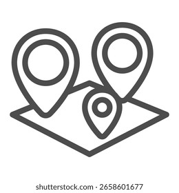 Isometric map with three location pins line icon, info tech concept. Vector graphics. Map metrics, analytics sign on white background, outline style icon for mobile or web design
