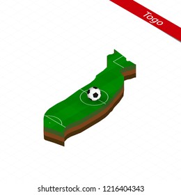 Isometric map of Togo with soccer field. Football ball in center of football pitch. Vector soccer illustration.