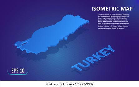 Isometric map of  TURKEY. Stylized flat map of the European country on blue background. Modern isometric or 3d location map with place for text or description. Isolated 3D concept for infographic.