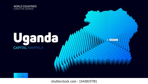 Isometric map of Uganda with blue hexagon lines