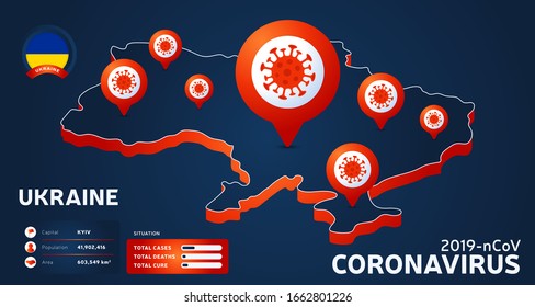 Isometric map of Ukraine with highlighted country vector illustration on dark background. coronavirus statistics. 2019-nCoV Dangerous chinese ncov corona virus. infographic and country info.