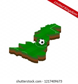Isometric map of United Kingdom with soccer field. Football ball in center of football pitch. Vector soccer illustration.