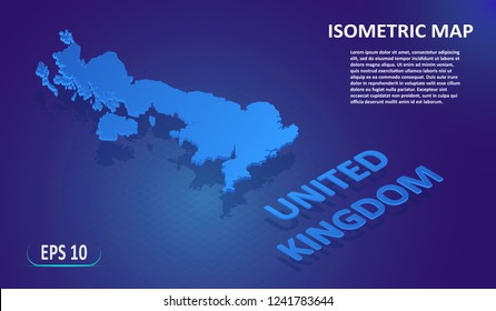 Isometric map of UNUTED KINGDOM. Flat map of the European country on blue background. Modern isometric or 3d location map with place for text or description. Isolated 3D concept for infographic.EPS10