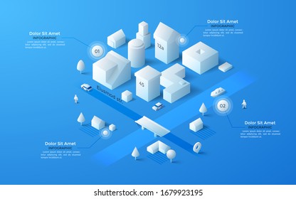 Mapa isométrico de la zona urbana y suburbana con edificios de ciudades blancas de papel y casas de campo, calles, ríos, puentes y lugares de texto. Limpiar plantilla de diseño gráfico. Ilustración vectorial moderna.