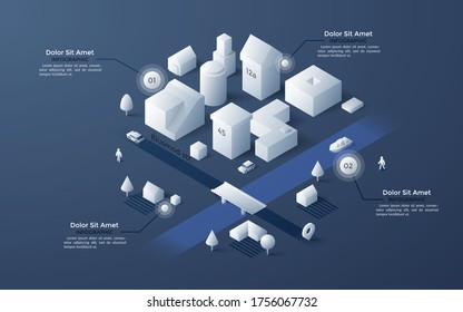 Isometric map of urban and suburban area with paper white city buildings and country houses, streets, river, bridge and place for text. Clean infographic design template. Modern vector illustration.