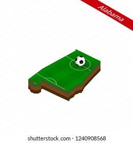 Isometric map of US state Alabama with soccer field. Football ball in center of football pitch. Vector soccer illustration.