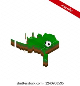 Isometric map of US state Alaska with soccer field. Football ball in center of football pitch. Vector soccer illustration.