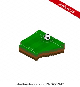 Isometric map of US state Arkansas with soccer field. Football ball in center of football pitch. Vector soccer illustration.