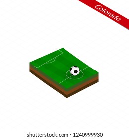 Isometric map of US state Colorado with soccer field. Football ball in center of football pitch. Vector soccer illustration.