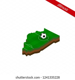 Isometric map of US state Illinois with soccer field. Football ball in center of football pitch. Vector soccer illustration.