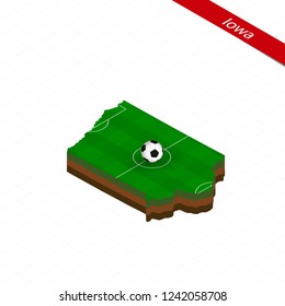 Isometric map of US state Iowa with soccer field. Football ball in center of football pitch. Vector soccer illustration.