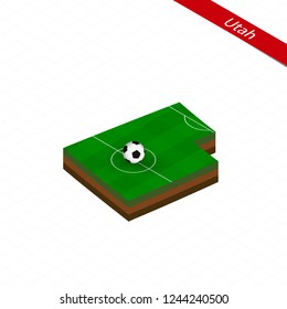 Isometric map of US state Utah with soccer field. Football ball in center of football pitch. Vector soccer illustration.
