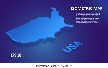 Isometric Map Of USA. Modern Flat Map Of The United States Of America On Blue Background. Isolated 3D Isometric Country Concept For Infographic. Vector Illustration. EPS 10.