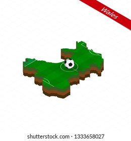 Isometric map of Wales with soccer field. Vector soccer illustration.