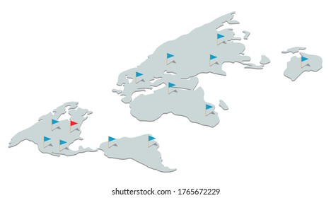 Isometric map of the world centered in New York USA. Vector illustration.