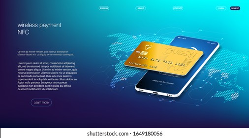 Isometric map of the world with the global financial system. Money transfer all over the world. Financial transactions in all world. Internet bank and immediate payment or remittance concept. 