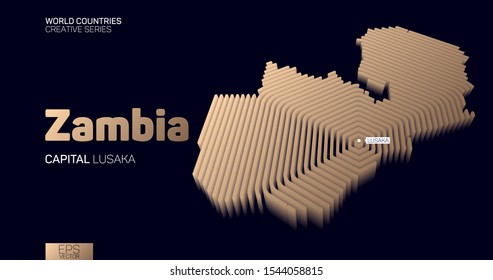 Isometric map of Zambia with golden hexagon lines
