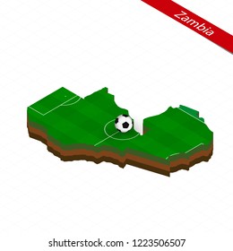Isometric map of Zambia with soccer field. Football ball in center of football pitch. Vector soccer illustration.