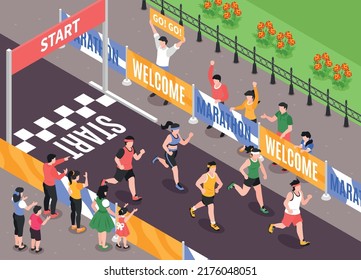 Isometric marathon concept with people cheering up running sportsmen vector illustration