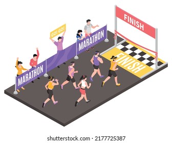 Isometric marathon concept with people running towards finish line vector illustration