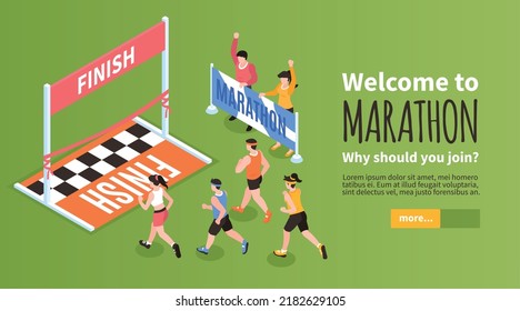 Banner horizontal de maratón isométrico con gente corriendo para terminar la ilustración vectorial de línea